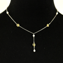 CITRINE &amp; freshwater pearl station Y-drop necklace - 16.25&quot; sterling silver - £23.14 GBP