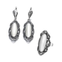 Wbmqda Hot Boho Yellow Stone Earring Ring Sets For Women Tibetan Silver AAA Gray - £17.18 GBP