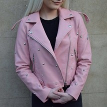 Pink Color Women Genuine Leather Jacket Silver Star Studs Front Zipper H... - $143.99