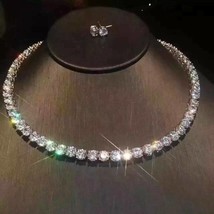 10Ct Round Cut Diamonds 14K White Gold Fn 18&quot; Vintage Tennis Necklace &amp; Stud Set - £260.15 GBP