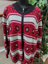 Dressbarn Women Red &amp; Black Ramie Full Zip Long Sleeve Casual Sweater Size 18/20 - £22.02 GBP