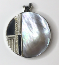 Vintage Signed Mandle Pendant for Necklace Shell, Black &amp; Rhinestone Round - £27.64 GBP