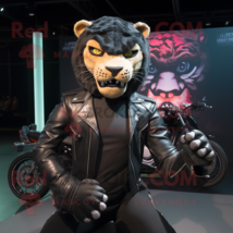 Black Smilodon mascot costume character dressed with a Biker Jacket and Beanies - $1,269.00