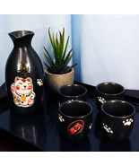 Japanese Maneki Neko Lucky Charm Cat Ceramic Black Sake Set Flask With F... - £18.32 GBP