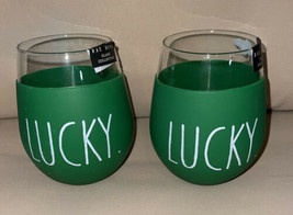 2 Rae Dunn Stemless Wine Glasses Green Silicone Sleeve “LUCKY.” St Patrick’s Day - £27.30 GBP