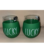 2 Rae Dunn Stemless Wine Glasses Green Silicone Sleeve “LUCKY.” St Patri... - £27.07 GBP