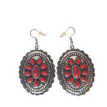 Western Silver Oval Concho Dangle Earrings Red Turquoise Boho Cowgirl Je... - $23.76
