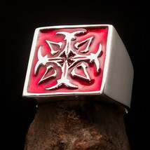Perfectly crafted square Men&#39;s Ring Red Assassin&#39;s Cross - Sterling Silver - £75.32 GBP