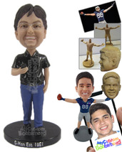 Personalized Bobblehead Happy Dude In Trendy Attire With Mobile In His Hand - Le - £72.96 GBP