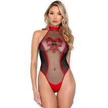 Cupid Heart Teddy Sheer Embroidered Red Satin Trim Thong Back Sheer Black LI649 - $35.99