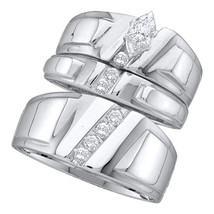 14k White Gold Marquise Diamond Men Womens Trio Bridal Wedding Ring Band Set WG - £799.20 GBP