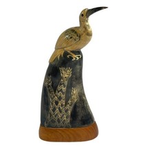 Hand Carved Buffalo Horn Long Beak Bird Oriental Sculpture On Wood Stand 11” VTG - £52.47 GBP
