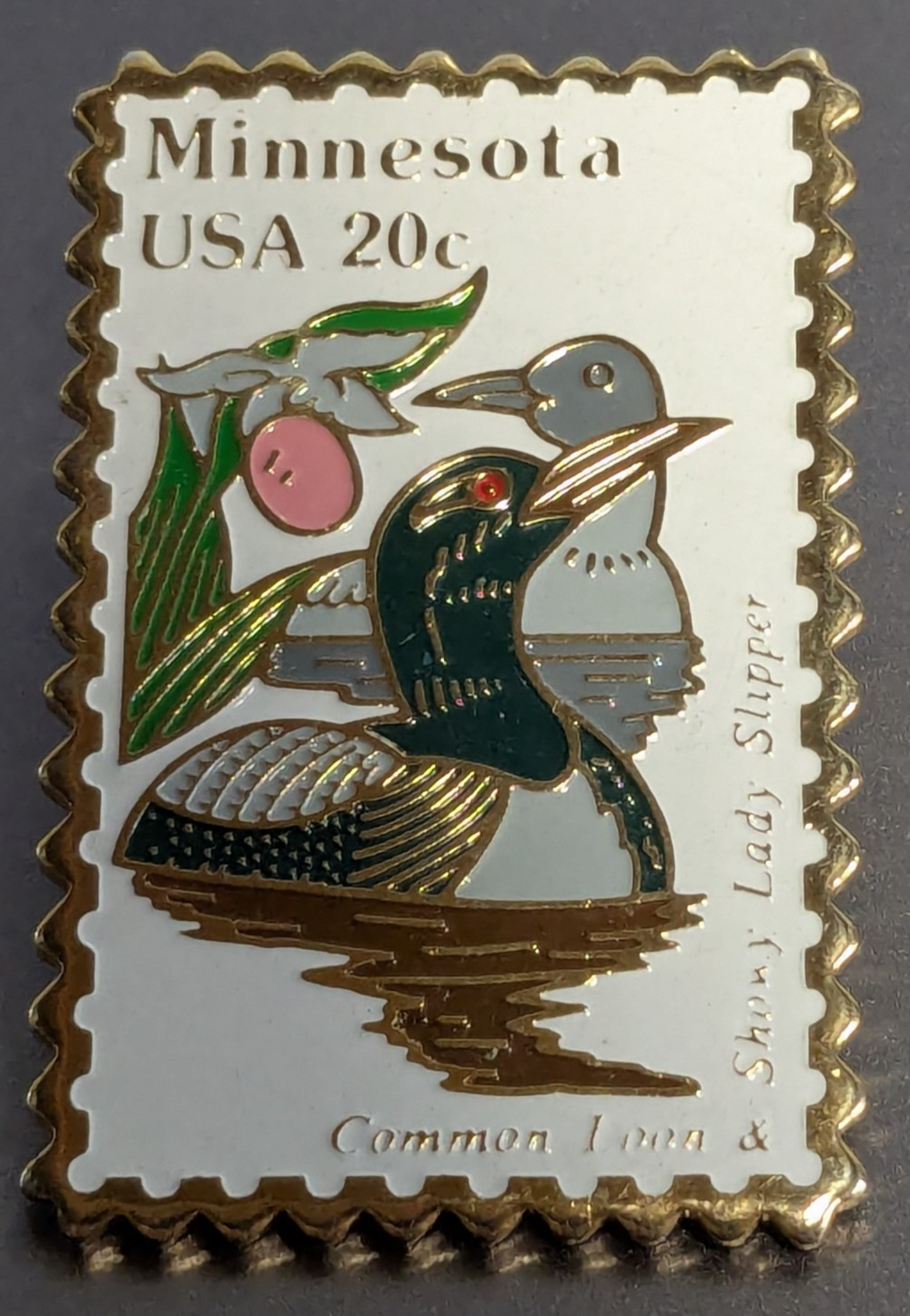 Minnesota Stamp USPS 20 Cent Common Loon &amp; Showy Lady Slipper Lapel Pin ... - $9.89