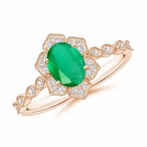 ANGARA Oval Emerald Trillium Floral Shank Ring for Women in 14K Solid Gold - £596.39 GBP