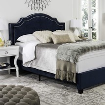 Safavieh Home Collection Theron Navy Velvet Nickel Nailhead Trim Queen Bed - £302.87 GBP