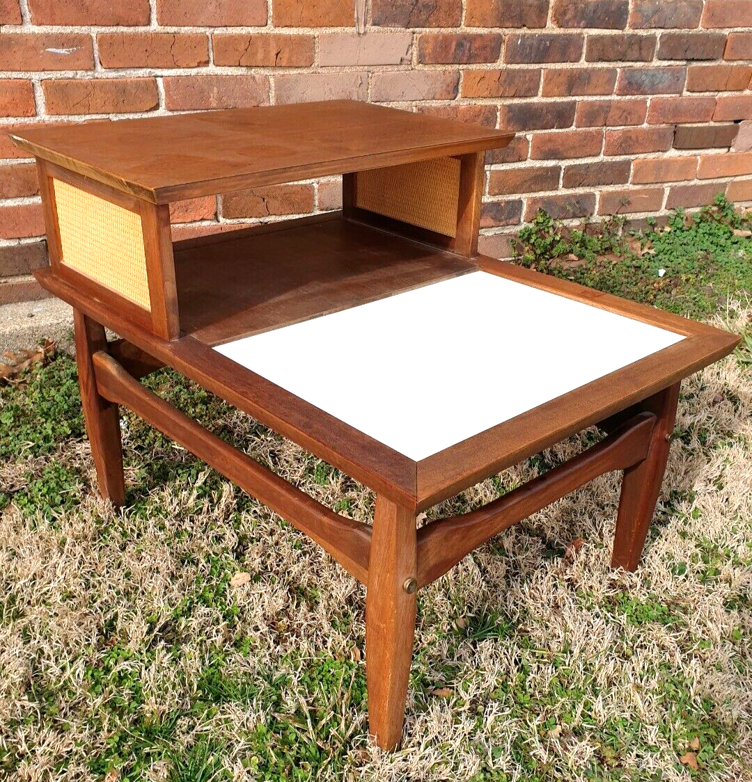 Primary image for Mid Century Modern Teak & White Laminate Two Tier End Table 29x22x22" Vintage