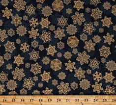 Cotton Snowflakes Gold Metallic on Black Christmas Fabric Print by Yard D407.25 - £12.13 GBP