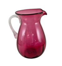 Joe Deanda Handblown Glass Pitcher Vase Clear Handle Fuchsia 10&quot; Vintage Signed - £31.93 GBP
