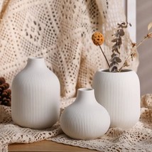 Modern Minimalist White Ceramic Decor Vase Set Of 3, Neutral Small Ribbed Vases  - £43.57 GBP