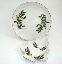 Christmas Holly Plate and Figural Tree Nut Dish Gilded Edge Made in Japan - $14.84