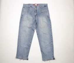 Vintage 90s Guess Jeans Mens 38x32 Thrashed Spell Out Baggy Wide Leg Jeans Blue - £52.39 GBP