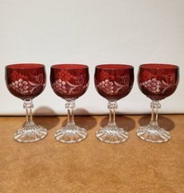 Set Of 4 Crystal Glass Wine Glasses Ruby Red Cut To Clear Grape Pattern Bohemian - £50.63 GBP