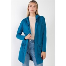 Blue Long Sleeve Open Front Hooded Cardigan - $221.84 MXN