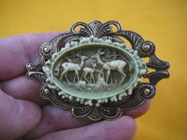 (CL11-14) DEER Family Buck Mama baby green + ivory oval CAMEO brass Pin Pendant - £29.13 GBP
