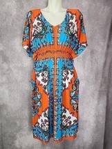 Orange Blue Floral Blouson Dress Womens Large Elastic Waist Signature Ro... - $16.99