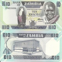 Zambia P26e, 10 Kwacha, Kaunda, fish eagle / bank building $6 Cat Val ! UNC - £1.50 GBP