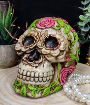 Day of The Dead Pink Floral Roses With Green Vines Sugar Skull Figurine ... - £20.70 GBP