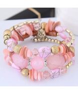 Alloy Gravel Beaded Bracelet Pink with Gold Accents and Floral Designs - $163.41 MXN