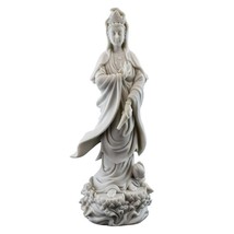 KWAN YIN ON LOTUS PEDESTAL STATUE 12.5&quot; Buddhist Goddess White Marble Re... - $1,065.28 MXN