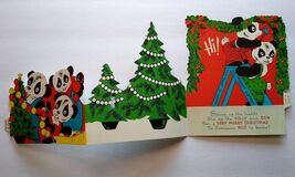 Christmas Greeting Card Panda Bears Diecut Foldout Standup Retro Mid Cen... - $8.90