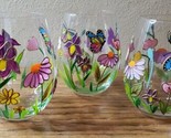 3 Hand Gilded Painted Clear Stemless Wine Glasses Textured Butterfly Flo... - £36.14 GBP