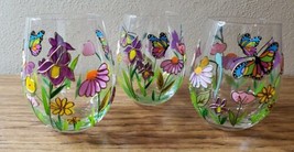 3 Hand Gilded Painted Clear Stemless Wine Glasses Textured Butterfly Flowers - £36.08 GBP
