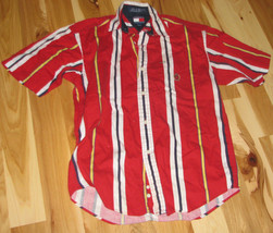 Vintage Tommy Hilfiger Red White Navy Blue Yellow Bold Bright Stripe Shirt Med M - £23.73 GBP