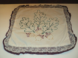 2 Vintage Throw Pillow Covers French Knot Leaves &amp; Acorns Mauve Cream Linen 15&quot; - £18.92 GBP