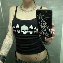 Gothic Emo girl Camisole Top Skull Graphic Print  Grunge Crop Top Y2k Clothes Vi - £11.81 GBP