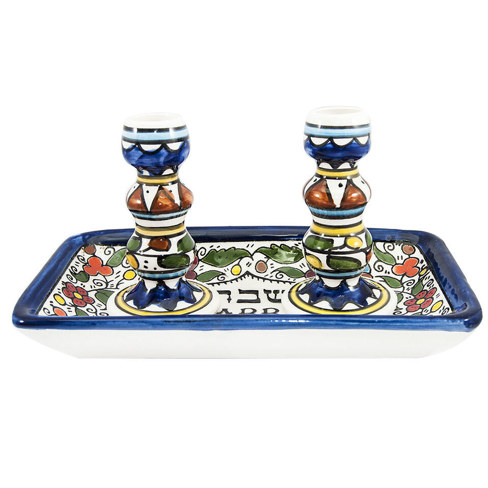 Shabbat and Holidays Holy Painted Colorful Ceramic Candlesticks on Plate... - $43.65