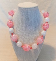 Awesome vintage bright pink &amp; white swirled beaded princess length necklace - £9.38 GBP