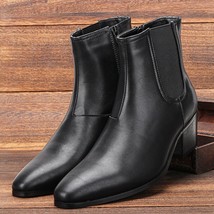 Men High Heels Boots Black Zipper Leather ankle boots - $59.95