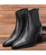 Men High Heels Boots Black Zipper Leather ankle boots - $59.95