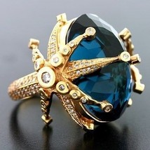14k Yellow Gold Sapphire Diamond Ring for Women Peacock Blue Topaz Stone Dainty  - £18.12 GBP