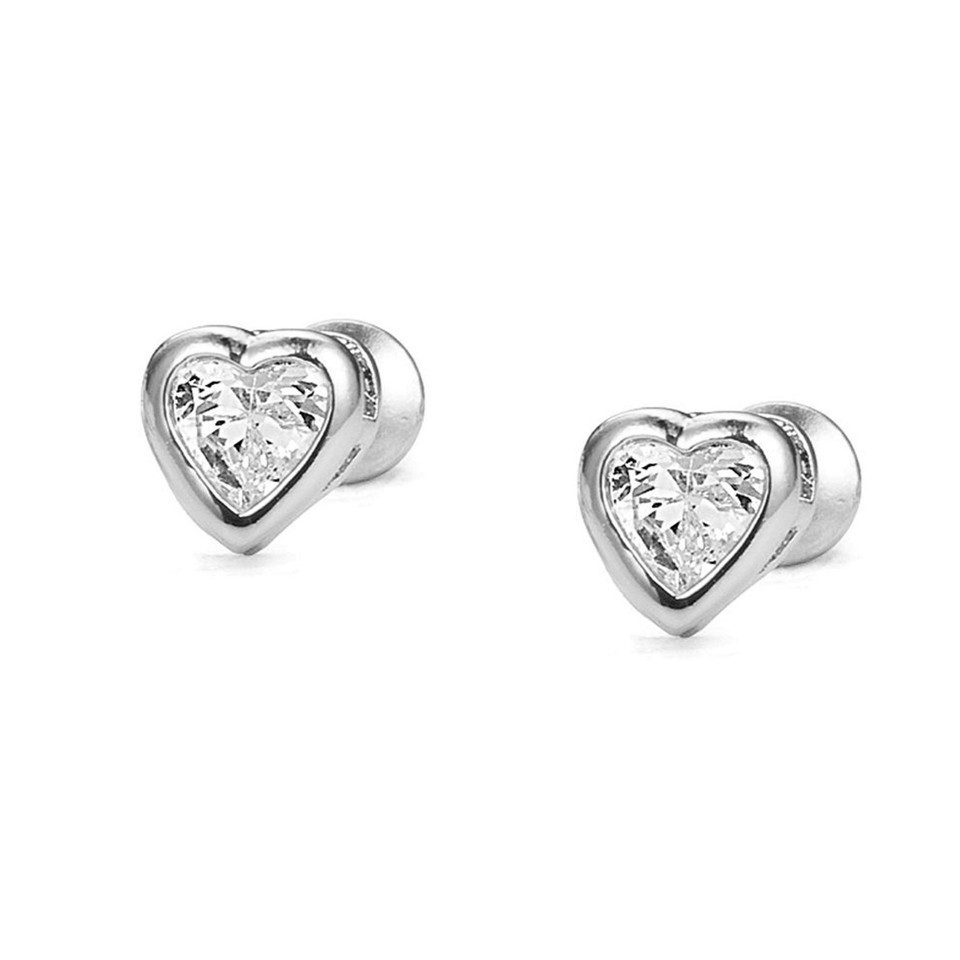 14K White Gold Plated Silver 4mm Small Heart 0.8ct Heart Cut CZ Stud Ear... - $19.99