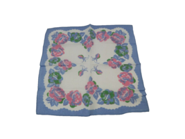 Vintage Floral Handkerchief Hanky Blue and Pink Roses Green  - £6.26 GBP