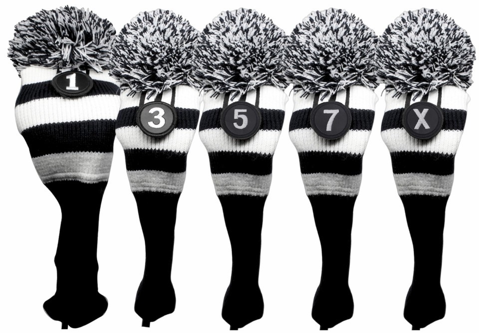 1 3 5 7 X Set Vintage Pom Pom Retro Head Covers Knit Sock Black Golf Clu... - $52.32