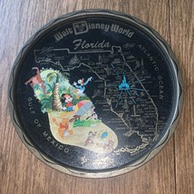 Vintage Walt Disney World Tin Metal Round Tray Plate Black 1970&#39;s Florida - $12.77