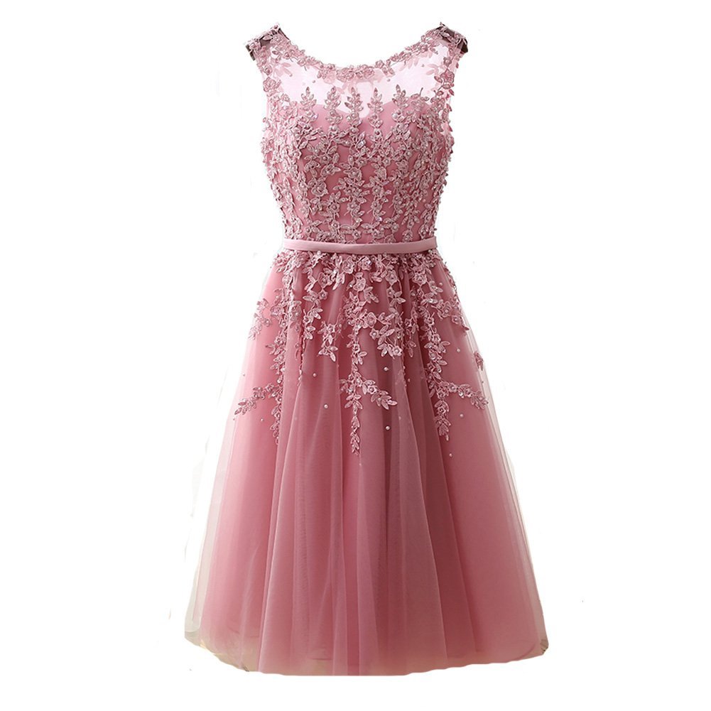 Kivary Sheer Bateau Tea Length Short Lace Prom Homecoming Dresses Plus Size Skin