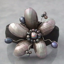 Black Pearlized Shell &amp;Pearls Floral Style Leather Cuff - £11.39 GBP
